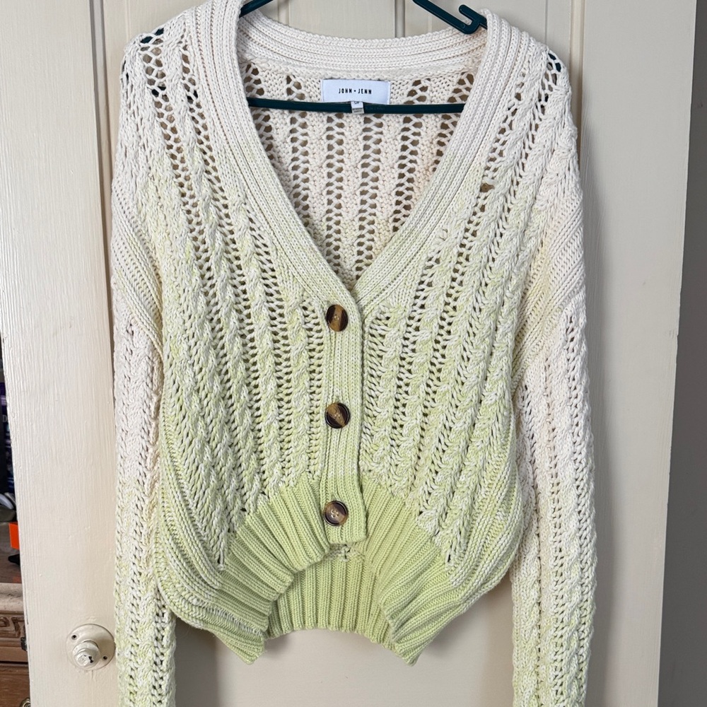 John + Jenn Light Green and Cream Knit Cardigan